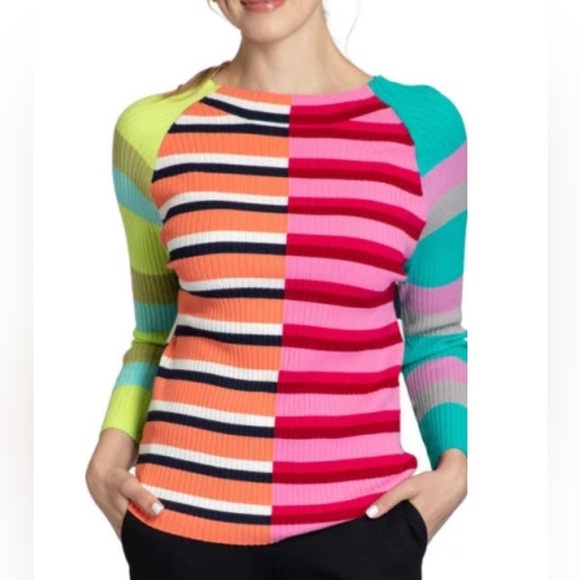 APNY Mixed Stripe Rib Sweater in Pink Multi—Sporty/Preppy—NWT—Colorful—Medium - Picture 1 of 10